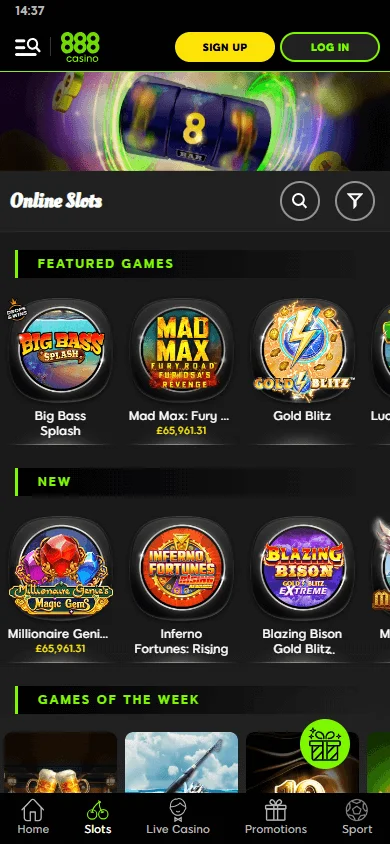888 Casino games screen on mobile