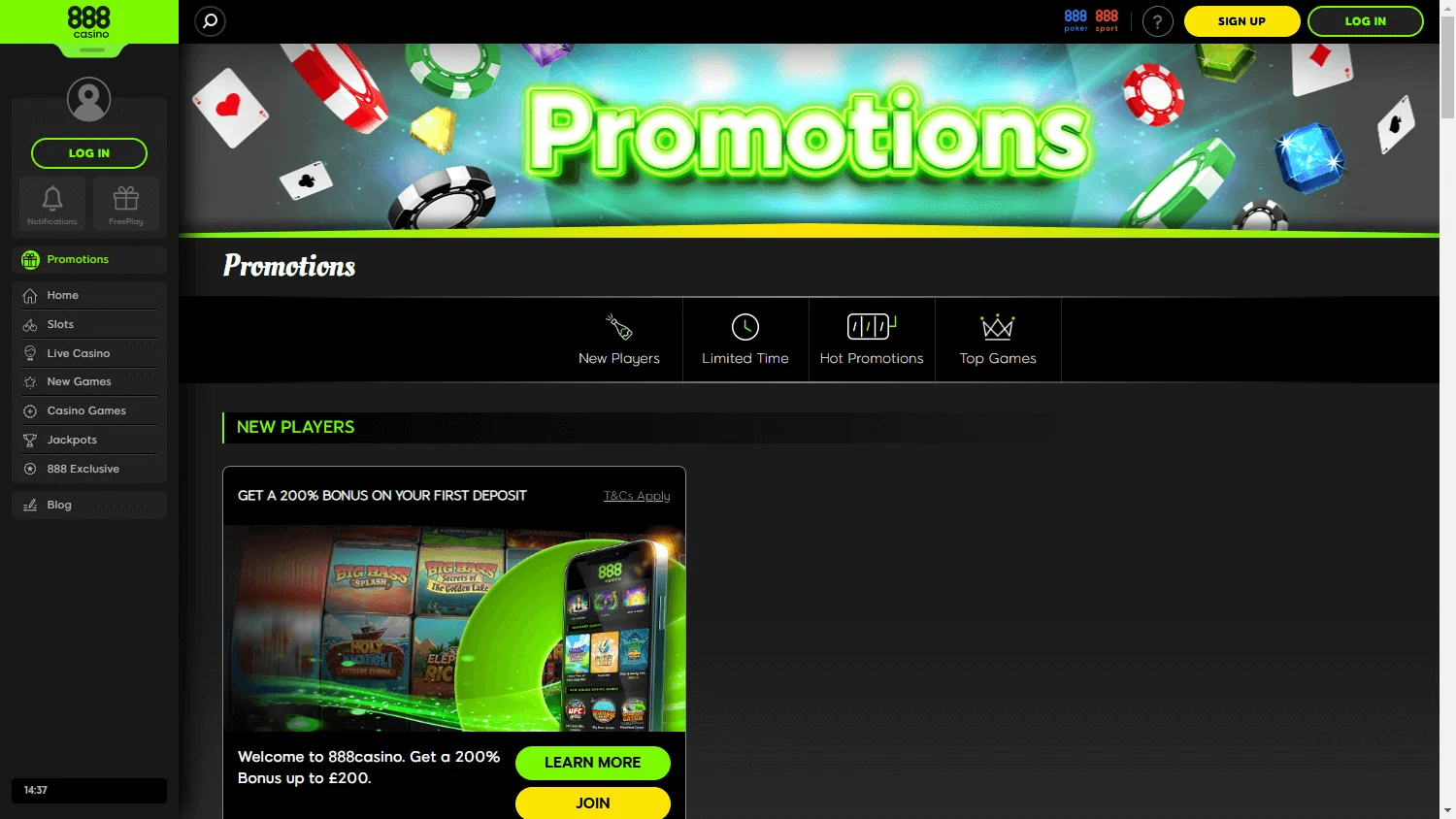 888 Casino promotions screen on desktop